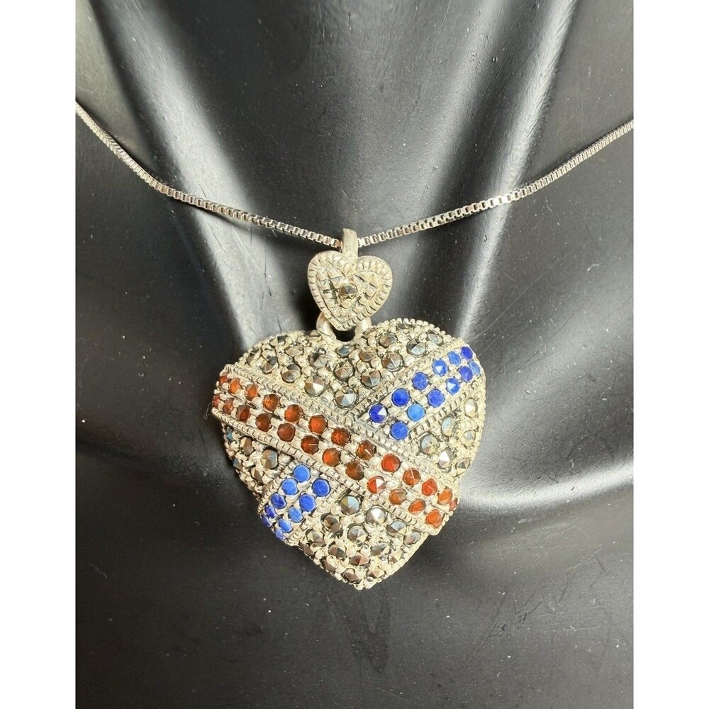 Vintage 925 Sterling Silver HAN Art Deco Lapis Garnet Marcasite Heart Pendant
